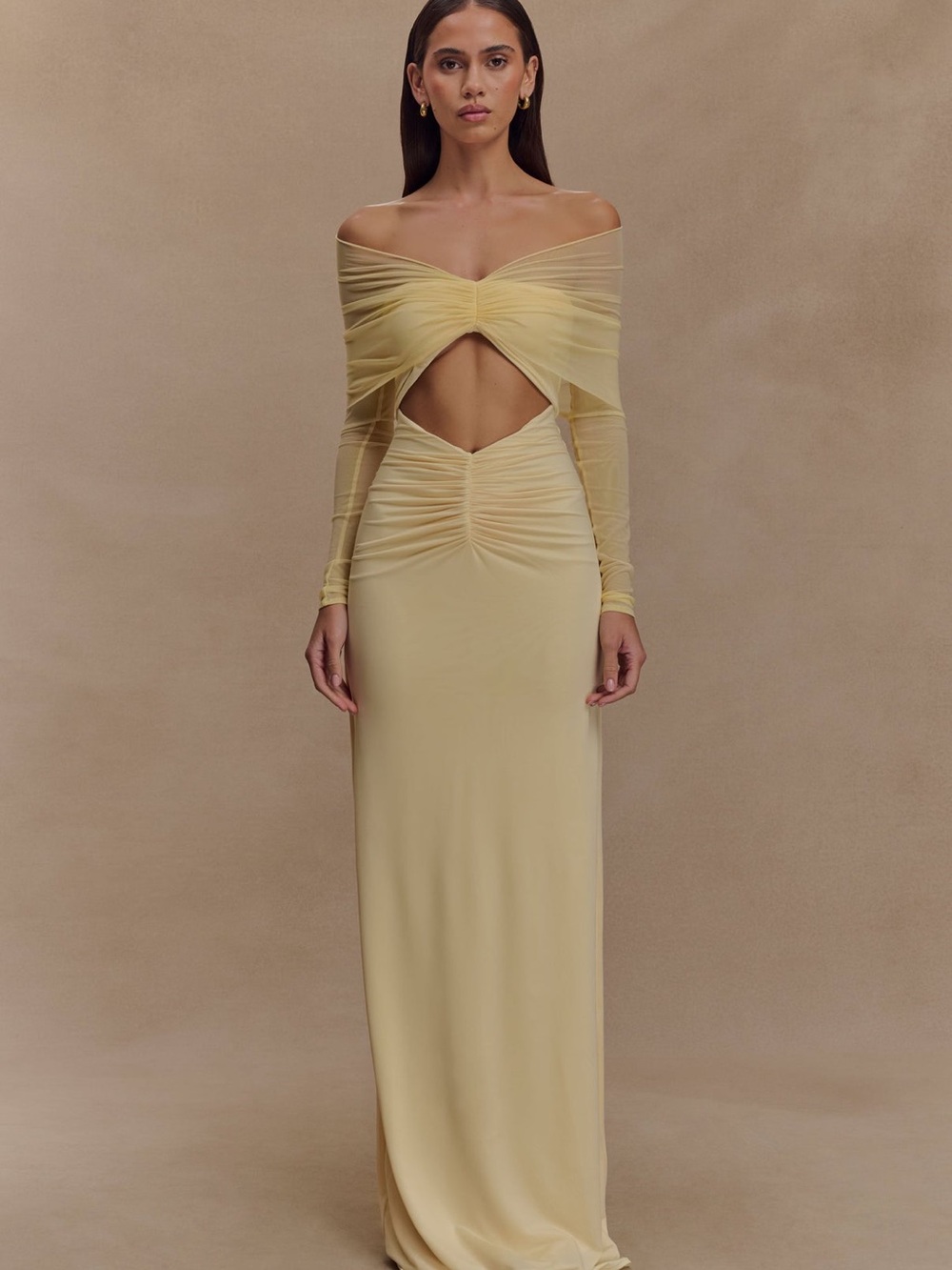 Meshki Pale Yellow Off-Shoulder Cutout Maxi Dress